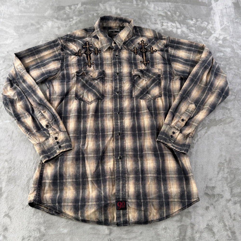Panhandle Slim Mens Black Tan Plaid Cross Embroidered Western Snap Shirt V6S9563